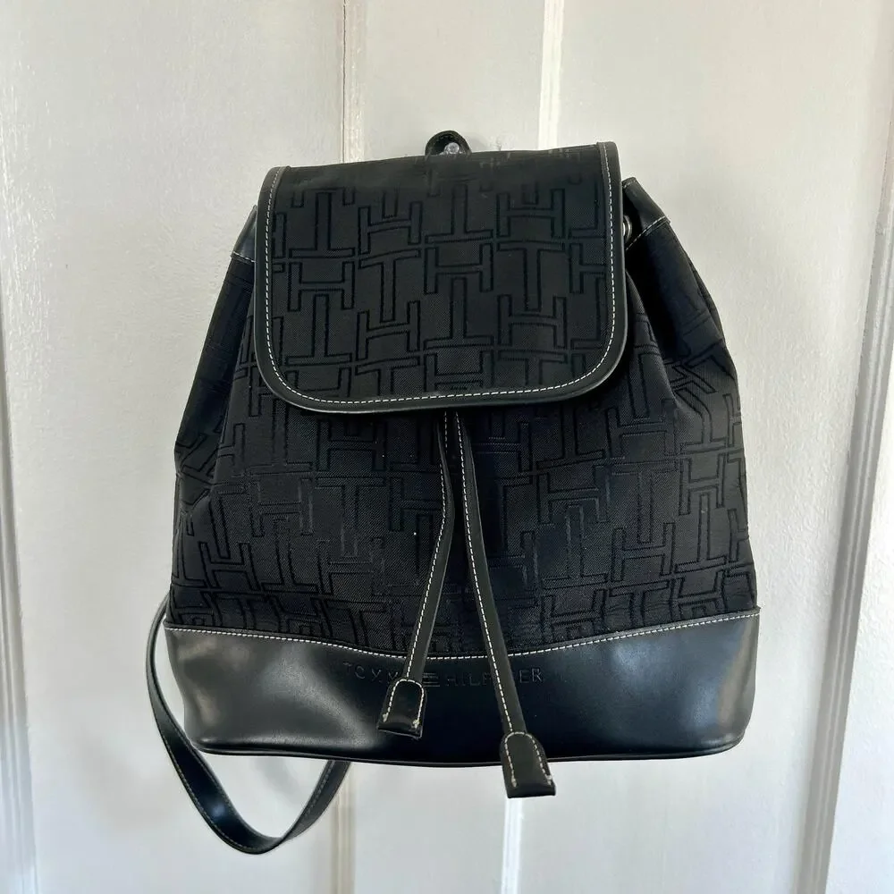 Vintage 1990s Black Mini Backpack Purse | Faux Leather Trim 90s Tommy Hilfiger